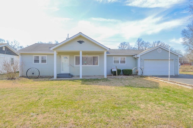 ranch-style home with aphalt driveway, a front lawn, a garage, and roof with shingles