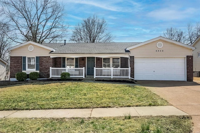 ranch-style house featuring brick siding, covered porch, concrete driveway, and a garage