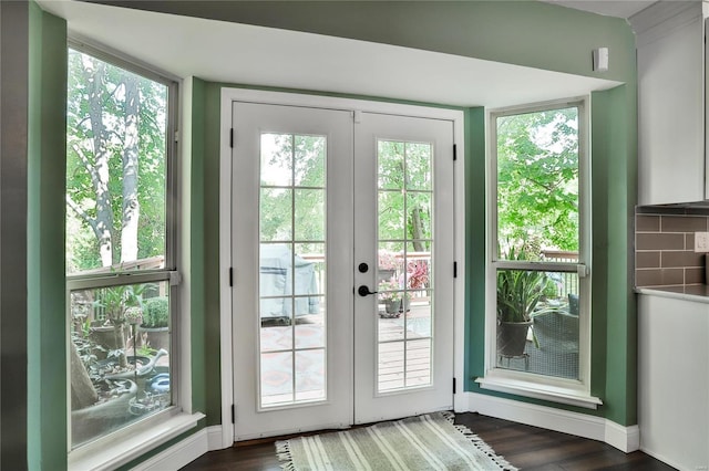 doorway to outside with french doors, a healthy amount of sunlight, and dark wood-style floors