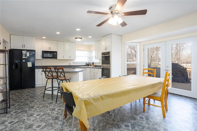 dining space featuring recessed lighting and a ceiling fan