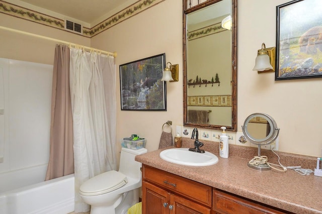 full bathroom with vanity, toilet, shower / bath combo with shower curtain, and visible vents