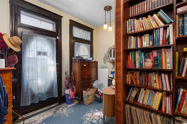 miscellaneous room with a textured ceiling