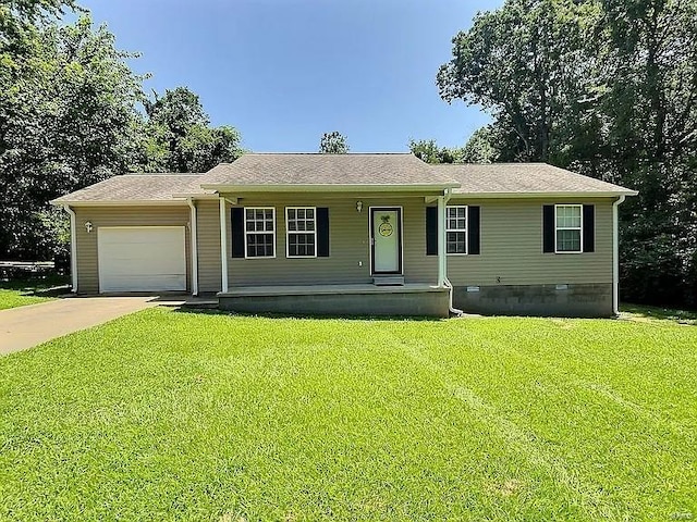 view of front facade with a front lawn, an attached garage, driveway, and crawl space