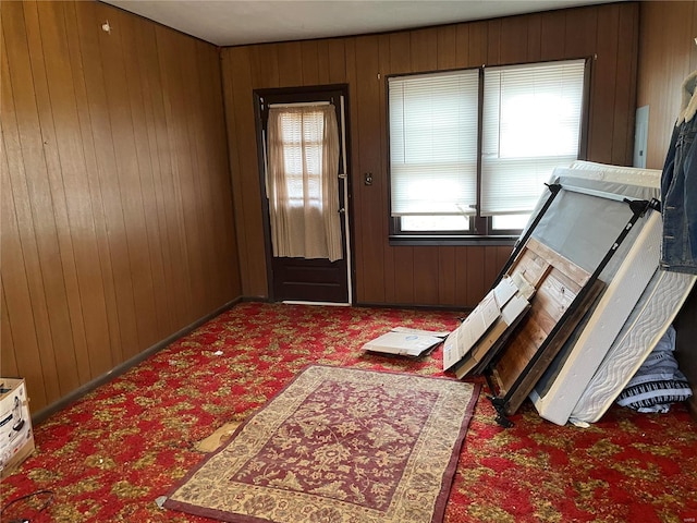 foyer with carpet floors and wooden walls