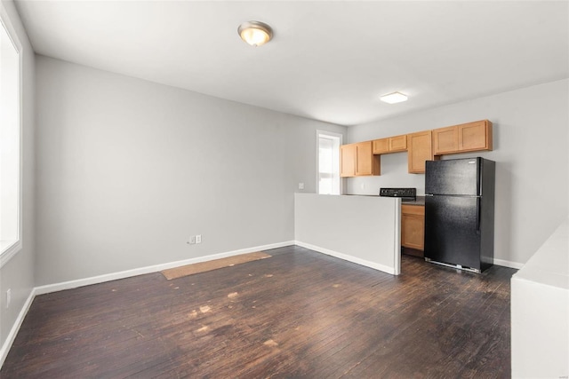 kitchen featuring dark wood finished floors, baseboards, and freestanding refrigerator