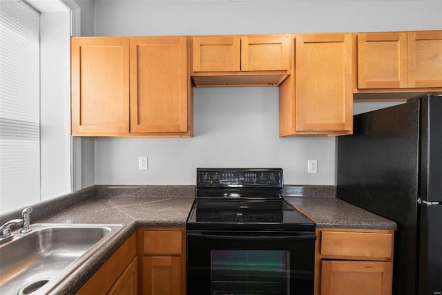 kitchen with black appliances, dark countertops, and a sink