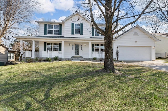 view of front of home featuring concrete driveway, a garage, covered porch, and a front yard