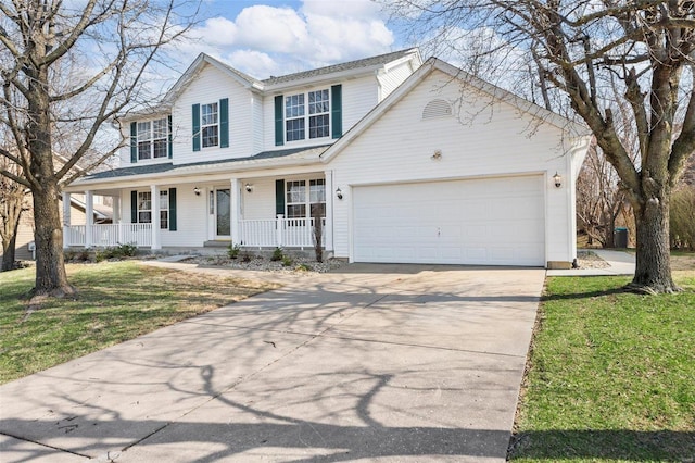 view of front of property with a porch, concrete driveway, a garage, and a front yard