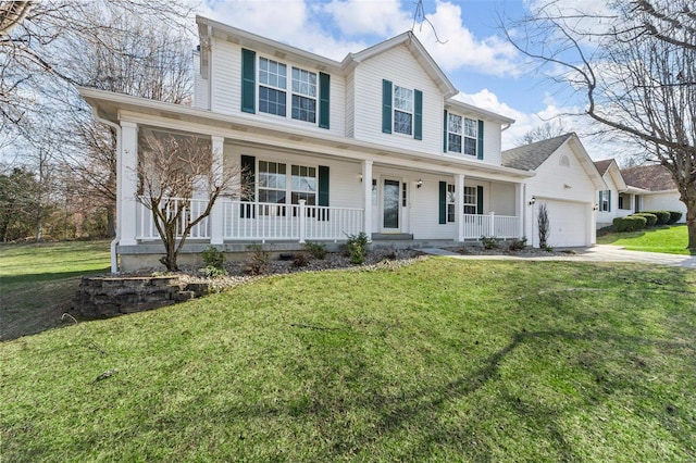 view of front of house with a porch, a garage, a front lawn, and driveway