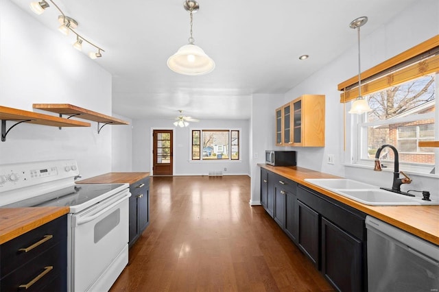 kitchen with a sink, ceiling fan, butcher block counters, stainless steel appliances, and open shelves