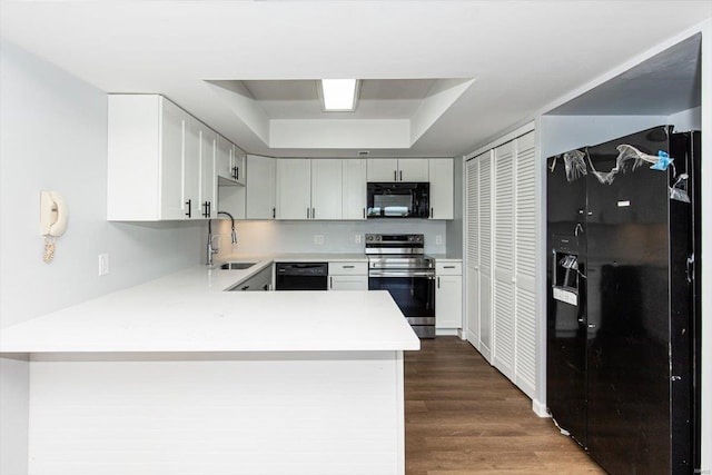 kitchen with black appliances, light countertops, a tray ceiling, and a sink