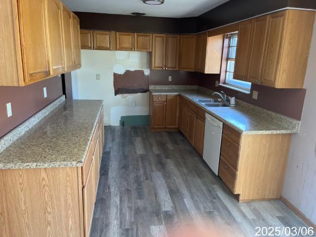 kitchen with baseboards, light wood-style flooring, a sink, light countertops, and dishwasher