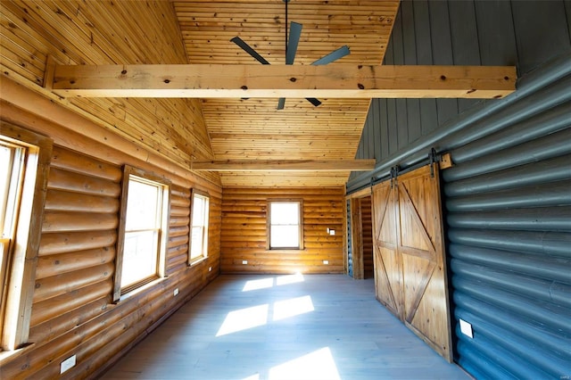 empty room featuring beamed ceiling, high vaulted ceiling, a ceiling fan, a barn door, and light wood-style floors