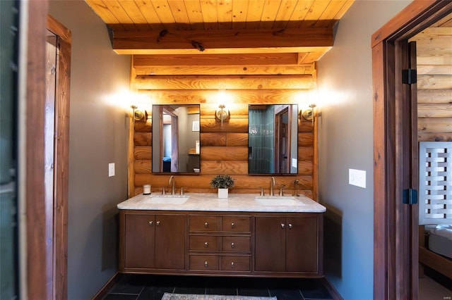 full bathroom featuring a sink, log walls, beam ceiling, and wooden ceiling