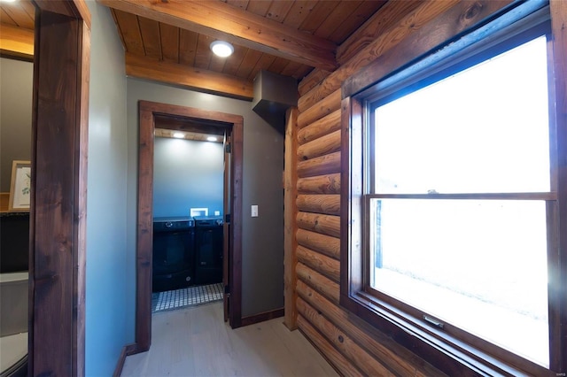 hallway with beam ceiling, wood ceiling, and wood finished floors