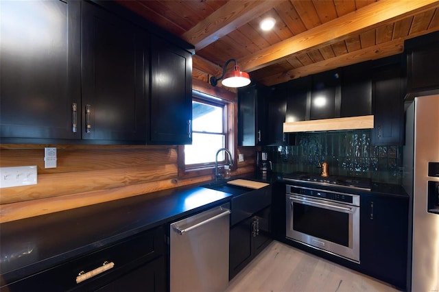 kitchen featuring dark cabinetry, stainless steel appliances, wood ceiling, dark countertops, and beamed ceiling