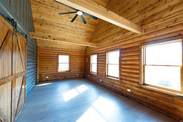 spare room featuring beam ceiling, high vaulted ceiling, hardwood / wood-style floors, and a ceiling fan