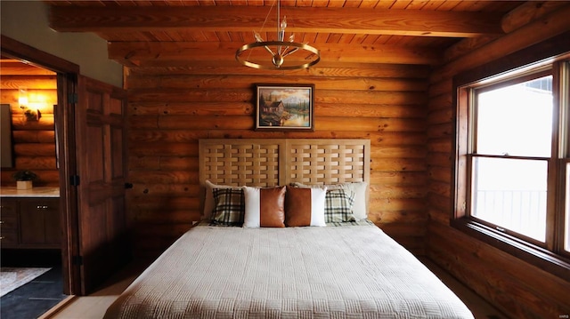 bedroom featuring rustic walls, beam ceiling, and wood ceiling