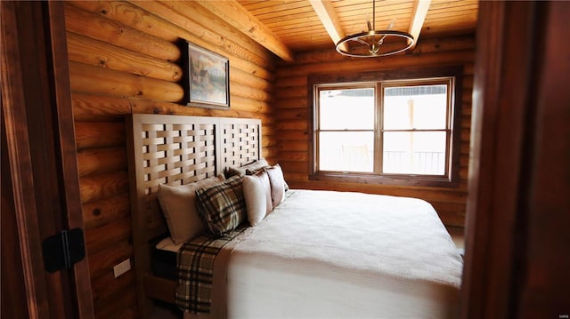 bedroom featuring beamed ceiling, wood ceiling, and rustic walls