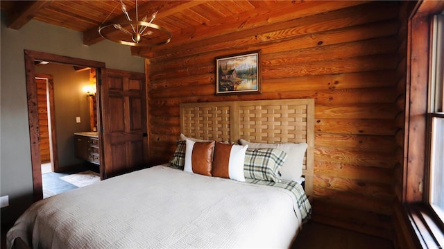 bedroom with rustic walls, beamed ceiling, wooden ceiling, and baseboard heating