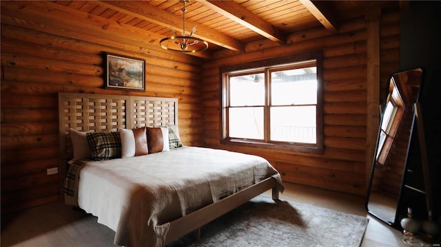 bedroom featuring wooden ceiling, log walls, and beam ceiling