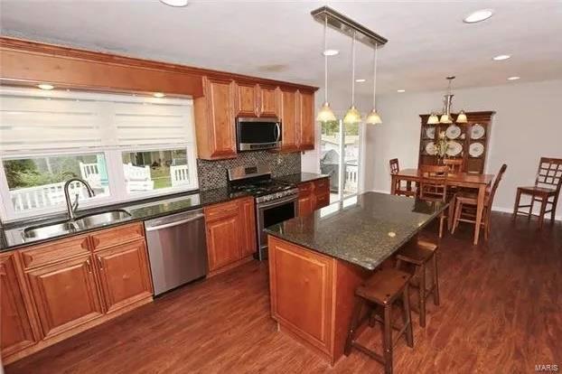 kitchen with a breakfast bar, dark wood-style flooring, stainless steel appliances, and a sink