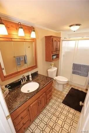 bathroom featuring an enclosed shower, vanity, toilet, and crown molding