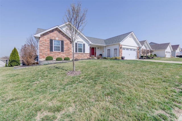 ranch-style house featuring a front lawn, brick siding, and an attached garage