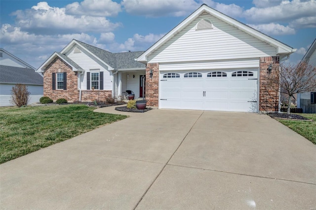 ranch-style home featuring brick siding, an attached garage, concrete driveway, and a front lawn