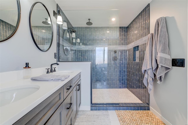 full bathroom featuring a sink, double vanity, and walk in shower