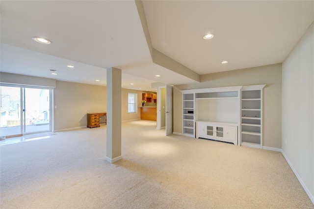 below grade area with recessed lighting, baseboards, and carpet floors