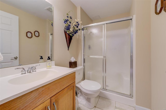 bathroom featuring a shower stall, toilet, visible vents, and tile patterned floors