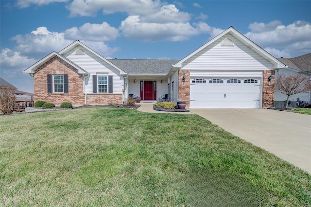 ranch-style home featuring a front yard, a garage, brick siding, and concrete driveway