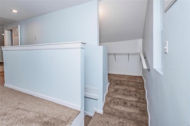 stairs featuring recessed lighting, baseboards, and carpet floors