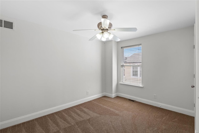 unfurnished room with visible vents, a ceiling fan, baseboards, and carpet floors