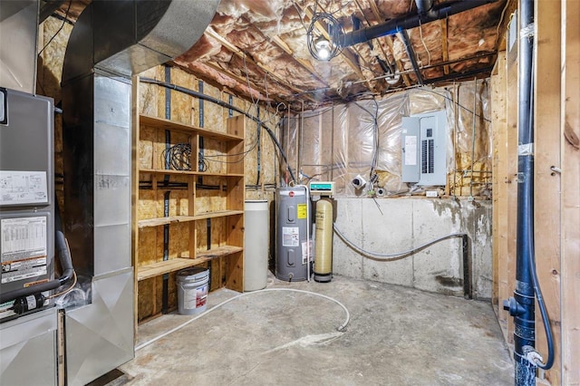 unfinished below grade area featuring electric panel and water heater