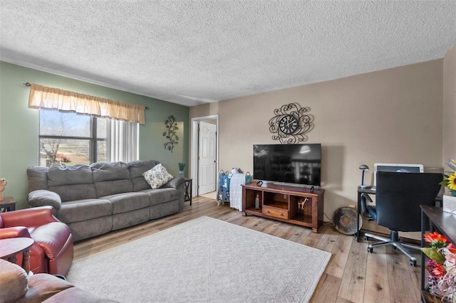 living area with a textured ceiling and light wood-type flooring