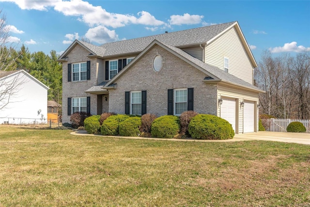 view of front of home featuring brick siding, fence, concrete driveway, a front yard, and a garage