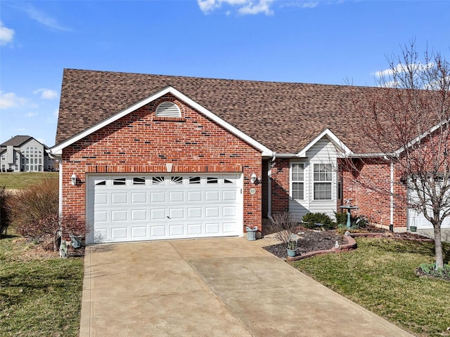 single story home featuring brick siding, driveway, and a garage