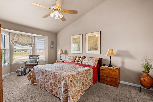 bedroom with baseboards, lofted ceiling, carpet, and a ceiling fan