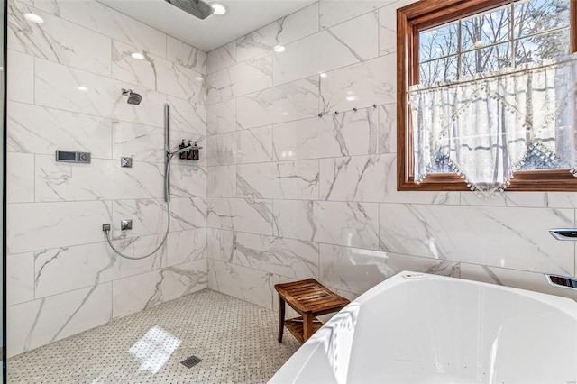 full bath featuring tiled shower and a washtub