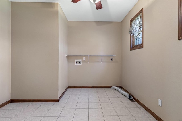 laundry room featuring washer hookup, light tile patterned floors, hookup for an electric dryer, ceiling fan, and laundry area