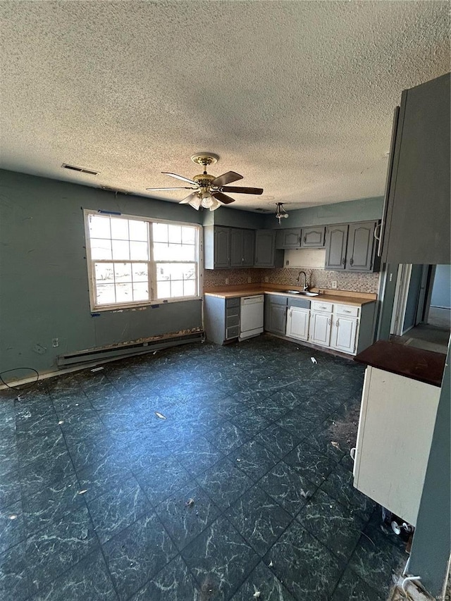 kitchen with visible vents, a ceiling fan, a sink, dark floors, and a baseboard radiator