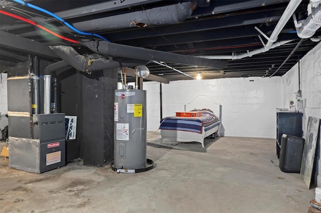 unfinished basement featuring heating unit and electric water heater