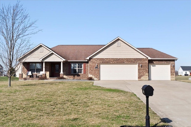 craftsman-style house featuring driveway, roof with shingles, a front yard, a garage, and brick siding