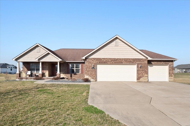 craftsman-style home with brick siding, a front lawn, concrete driveway, roof with shingles, and a garage