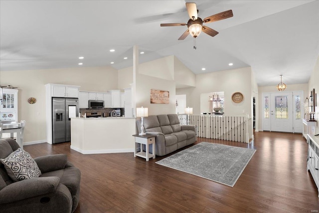 living area featuring a ceiling fan, baseboards, high vaulted ceiling, dark wood finished floors, and recessed lighting