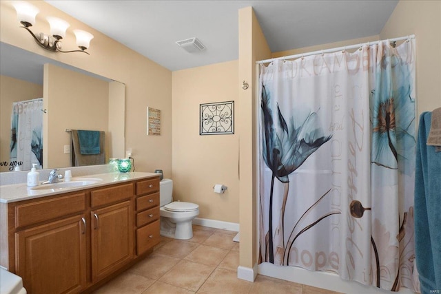 bathroom featuring tile patterned flooring, visible vents, baseboards, toilet, and vanity