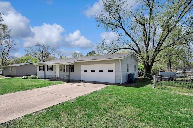 ranch-style house featuring a front lawn, concrete driveway, fence, an attached garage, and a shingled roof