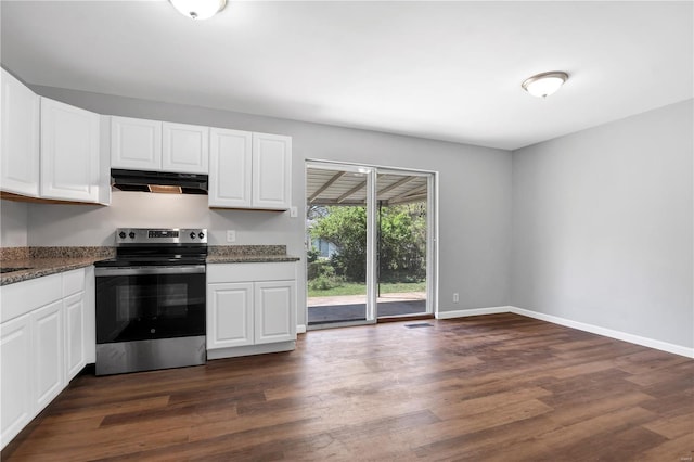 kitchen with stainless steel electric range, under cabinet range hood, white cabinetry, and dark wood-style flooring